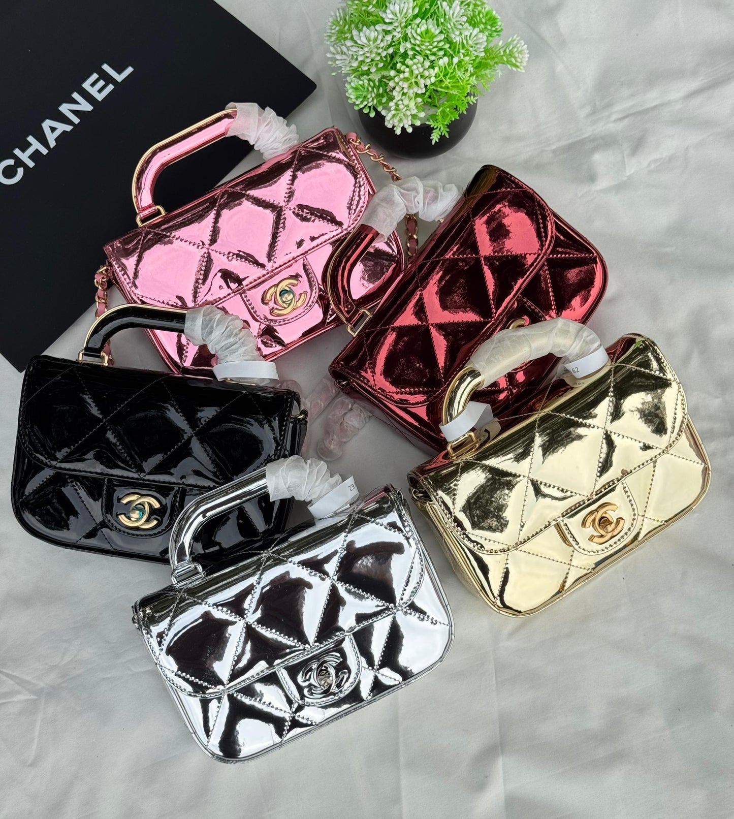 CHANEL MINI Metalic FLAP TOP HANDLE Super master Quality with box and dust bag Size 19 Cm