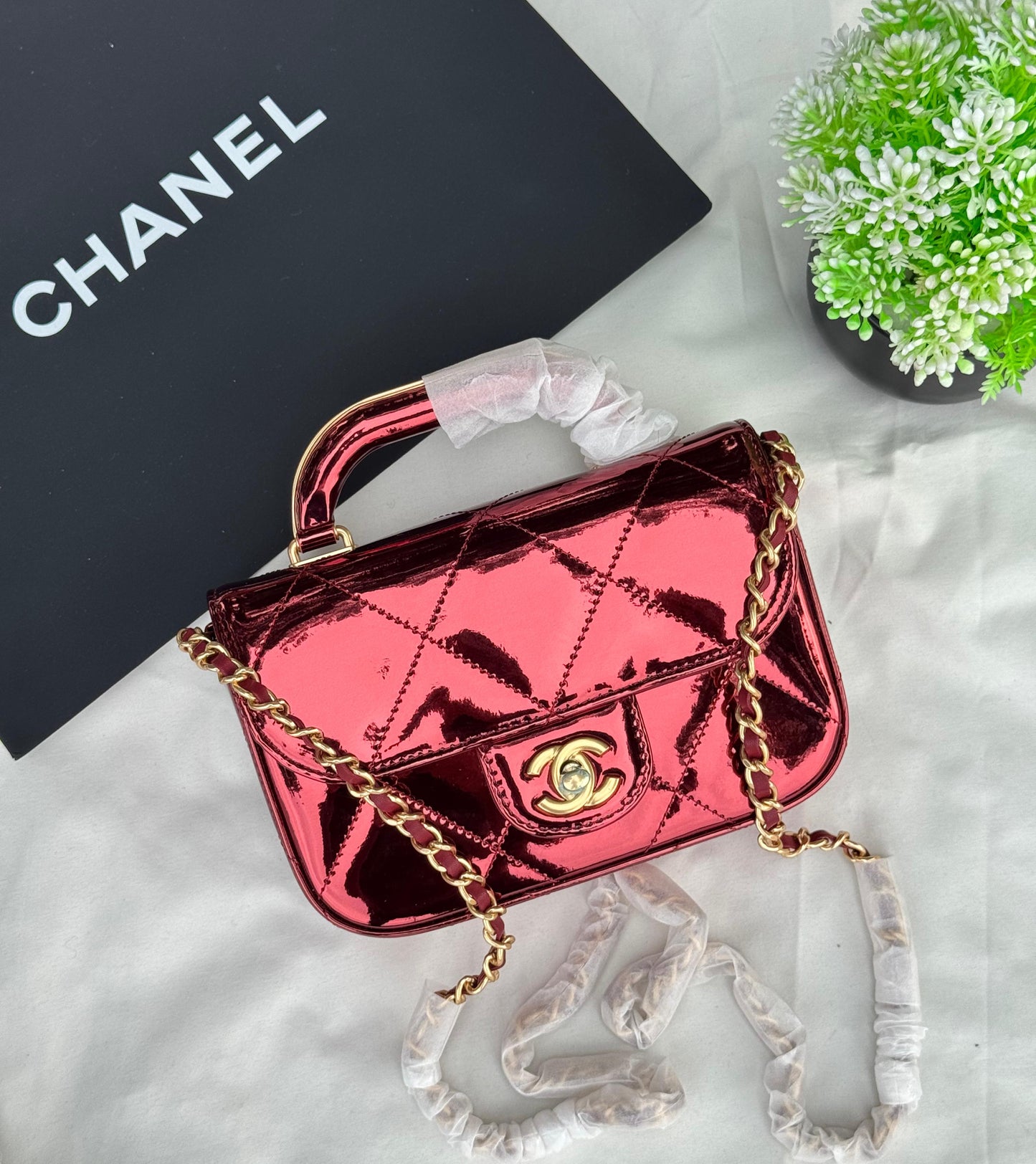CHANEL MINI Metalic FLAP TOP HANDLE Super master Quality with box and dust bag Size 19 Cm