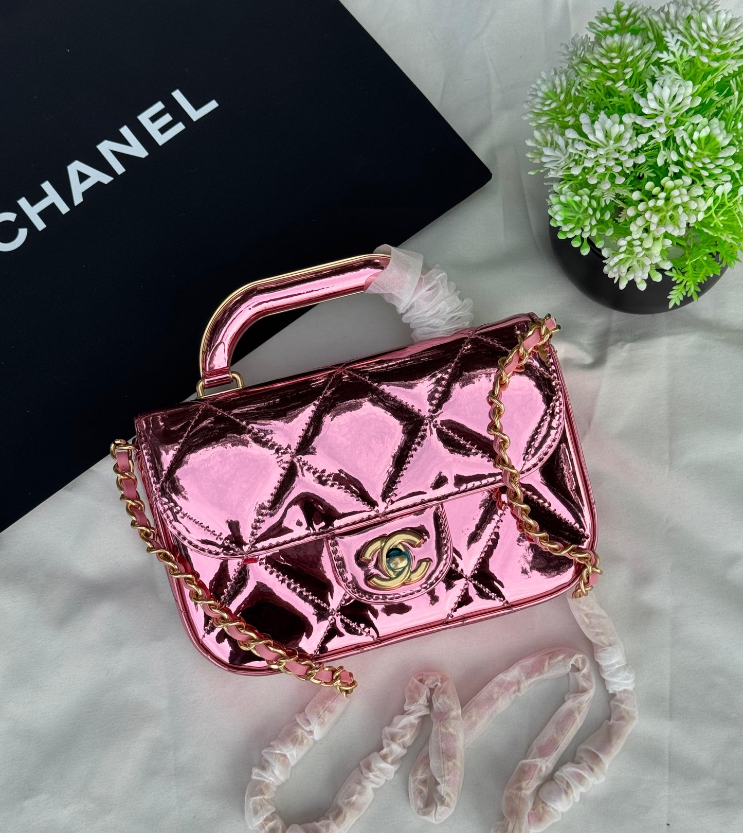 CHANEL MINI Metalic FLAP TOP HANDLE Super master Quality with box and dust bag Size 19 Cm